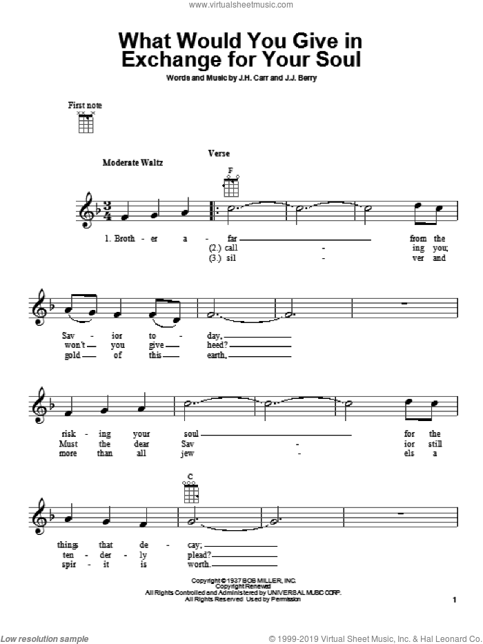 What Would You Give In Exchange For Your Soul sheet music for ukulele by Johnny Cash, J.H. Carr and J.J. Berry, intermediate skill level
