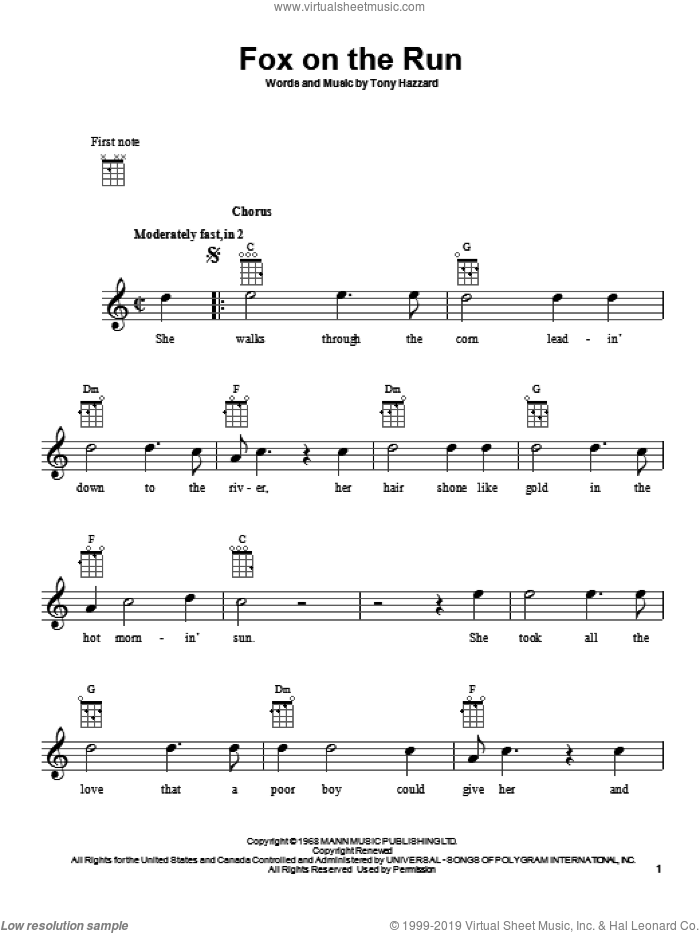 Fox On The Run sheet music for ukulele by Tony Hazzard, intermediate skill level
