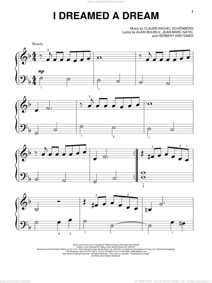 I Dreamed A Dream sheet music for piano solo by Claude-Michel Schonberg and Alain Boublil, beginner skill level