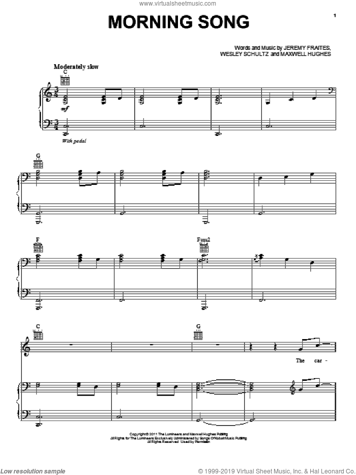 Morning Song sheet music for voice, piano or guitar by The Lumineers, Jeremy Fraites, Maxwell Hughes and Wesley Schultz, intermediate skill level