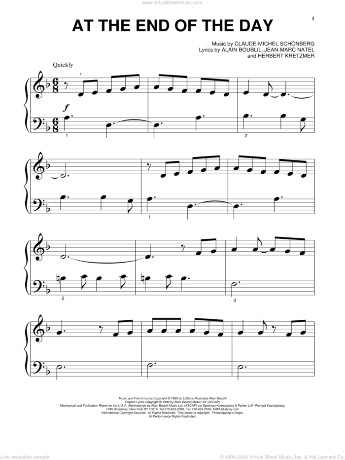 At The End Of The Day, (beginner) sheet music for piano solo by Claude-Michel Schonberg, Alain Boublil, Herbert Kretzmer and Jean-Marc Natel, beginner skill level