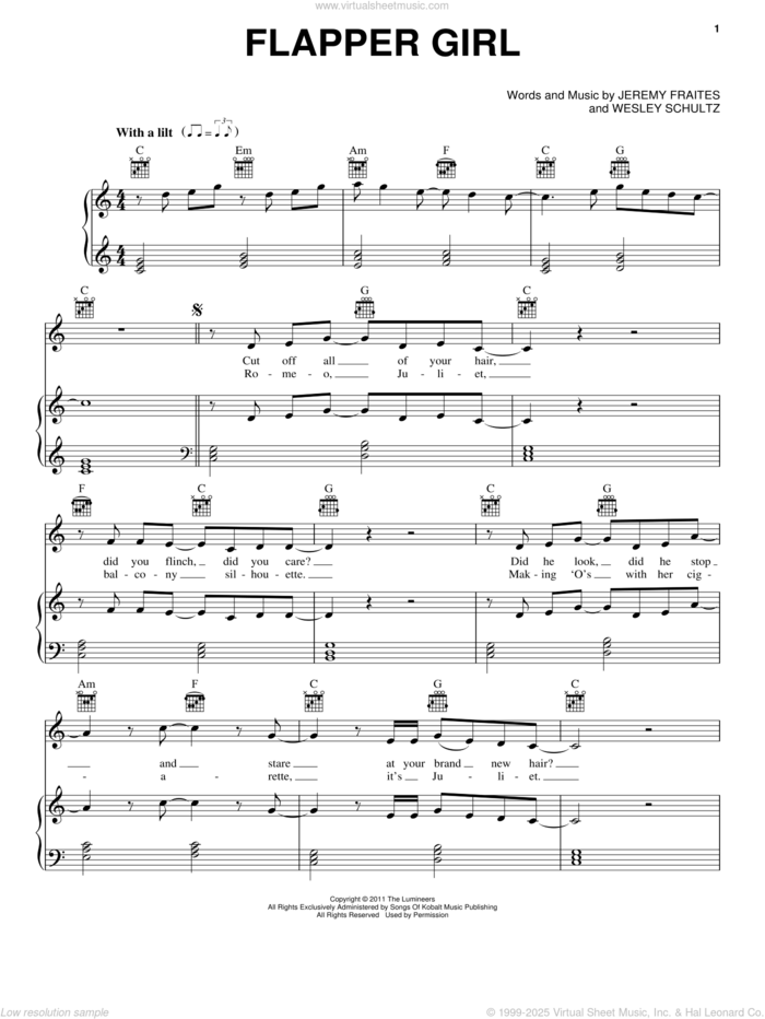 Flapper Girl sheet music for voice, piano or guitar by The Lumineers, Jeremy Fraites and Wesley Schultz, intermediate skill level