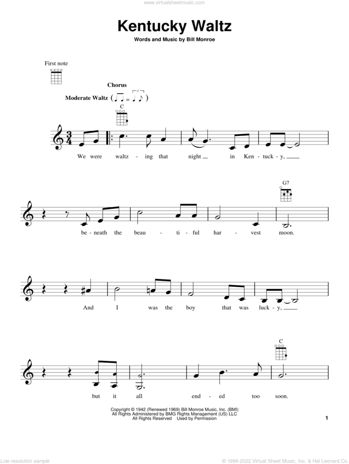 Kentucky Waltz sheet music for ukulele by Eddy Arnold and Bill Monroe, intermediate skill level