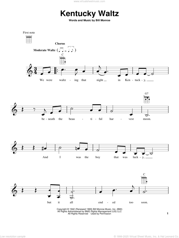 Kentucky Waltz sheet music for ukulele by Eddy Arnold and Bill Monroe, intermediate skill level