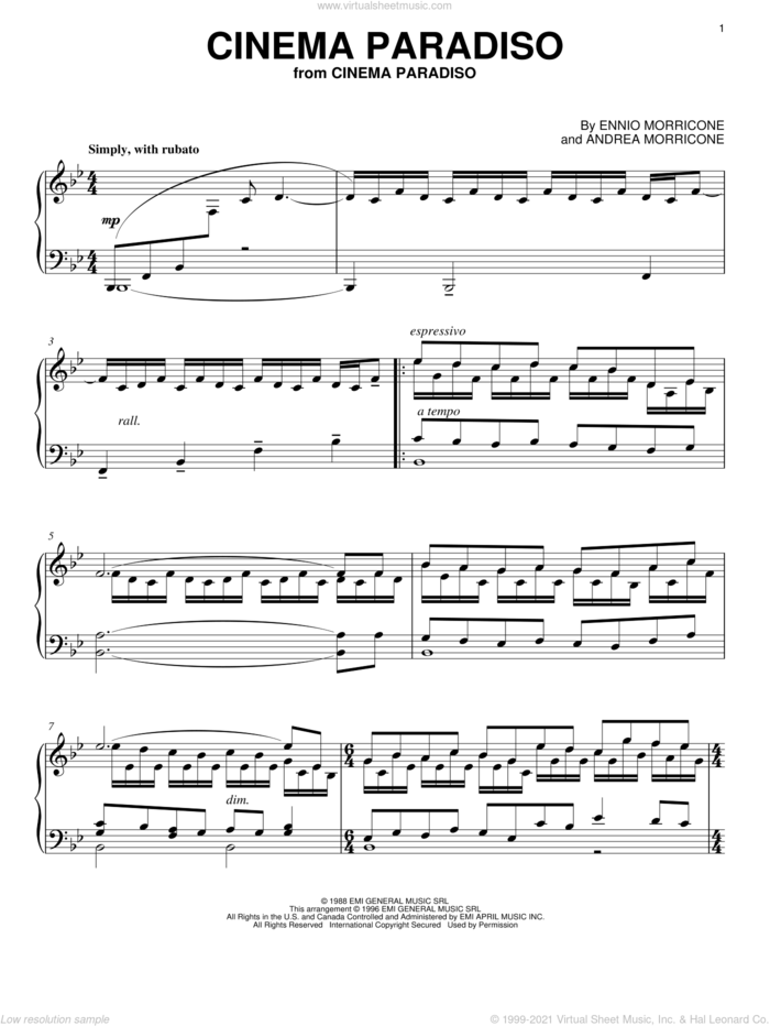 Cinema Paradiso sheet music for piano solo by Andrea Morricone and Ennio Morricone, intermediate skill level