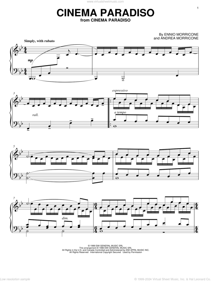 Cinema Paradiso sheet music for piano solo by Andrea Morricone and Ennio Morricone, intermediate skill level