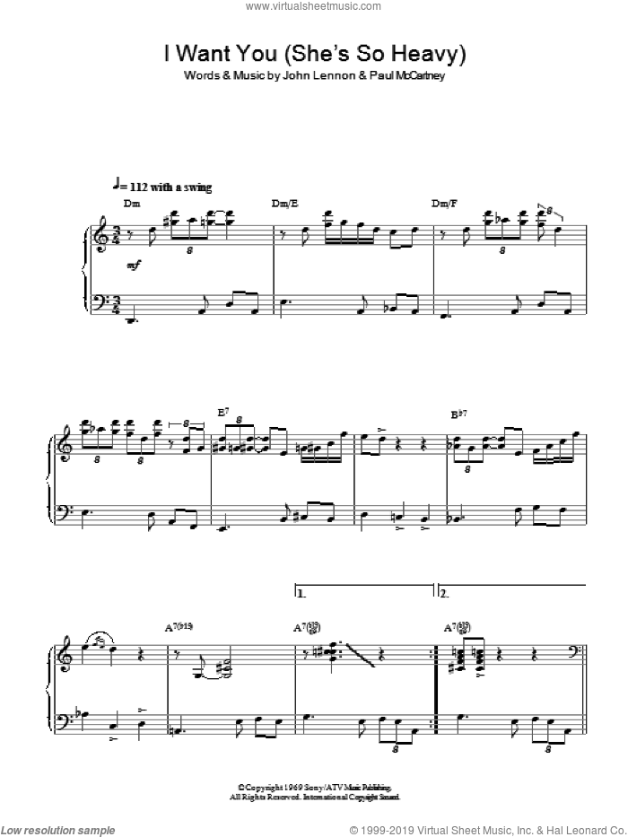 I Want You (She's So Heavy) (Jazz Version) sheet music for piano solo by The Beatles, John Lennon and Paul McCartney, intermediate skill level