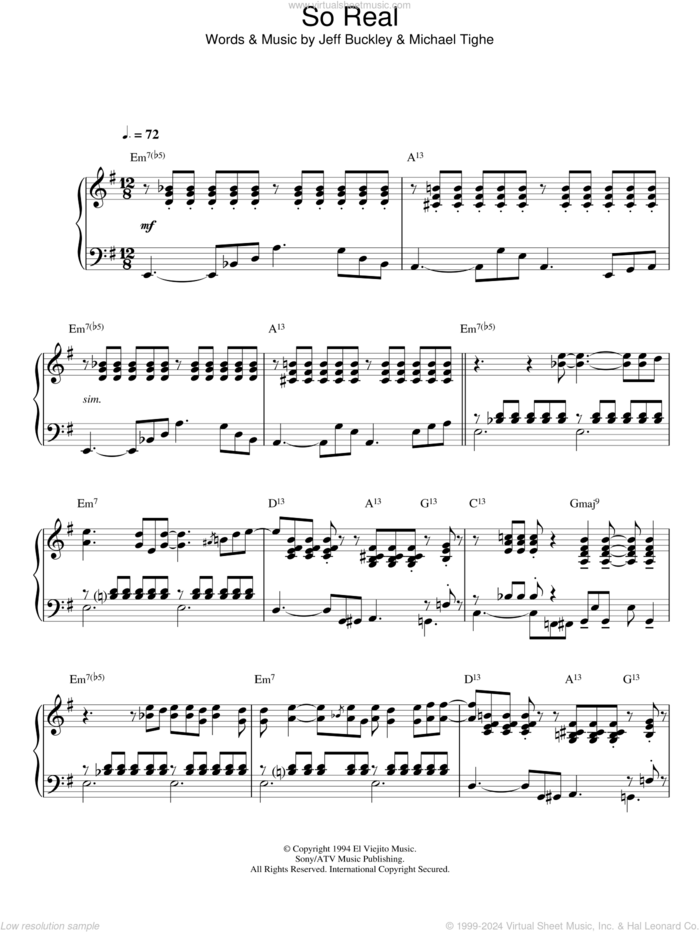 So Real (Jazz Version) sheet music for piano solo by Jeff Buckley and Michael Tighe, intermediate skill level