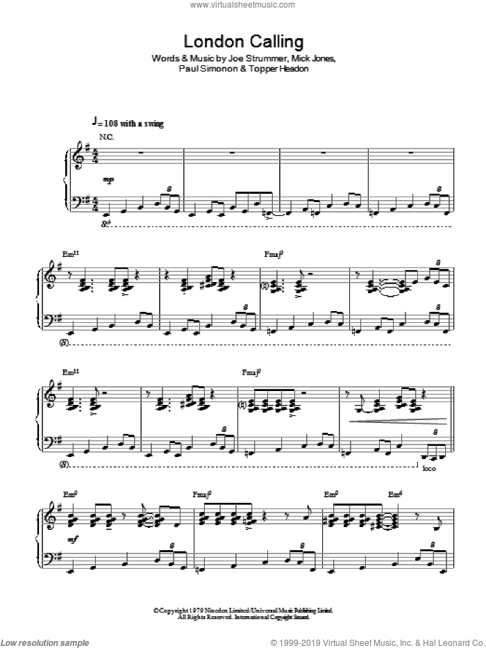 London Calling (Jazz Version) sheet music for piano solo by The Clash, Joe Strummer, Mick Jones, Paul Simonon and Topper Headon, intermediate skill level