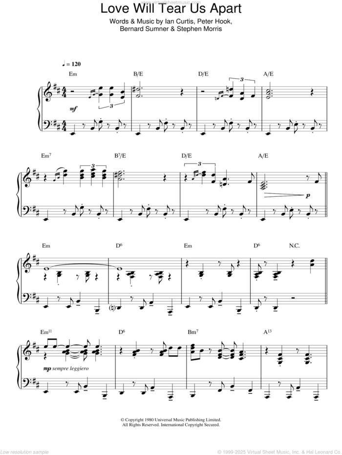 Love Will Tear Us Apart (Jazz Version) sheet music for piano solo by Joy Division, Bernard Sumner, Ian Curtis, Peter Hook and Stephen Morris, intermediate skill level
