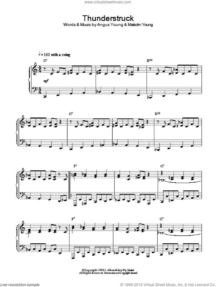 Thunderstruck (Jazz Version) sheet music for piano solo by AC/DC, Angus Young and Malcolm Young, intermediate skill level
