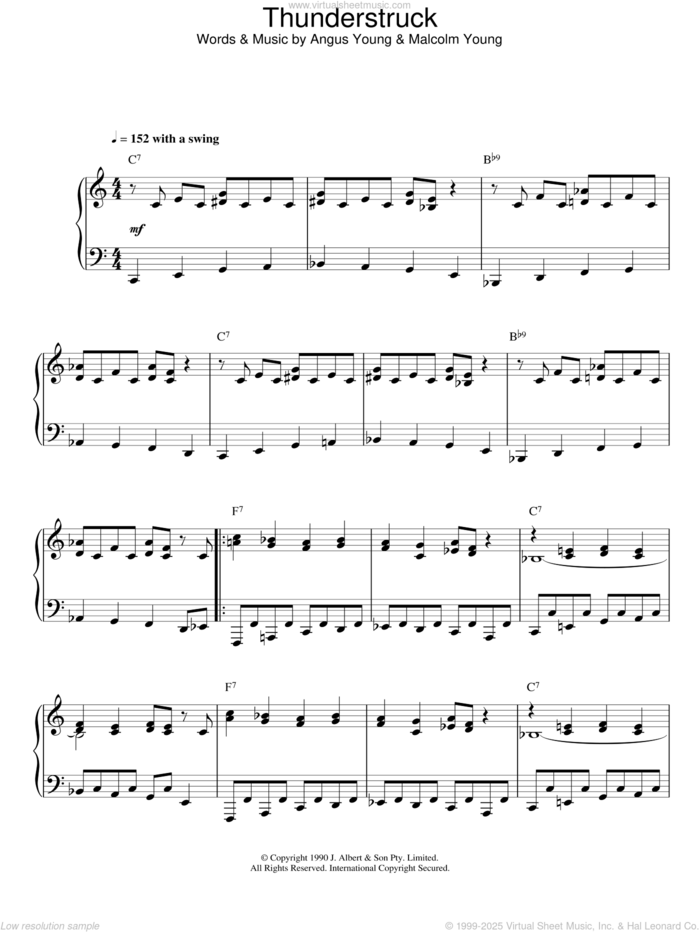 Thunderstruck (Jazz Version) sheet music for piano solo by AC/DC, Angus Young and Malcolm Young, intermediate skill level