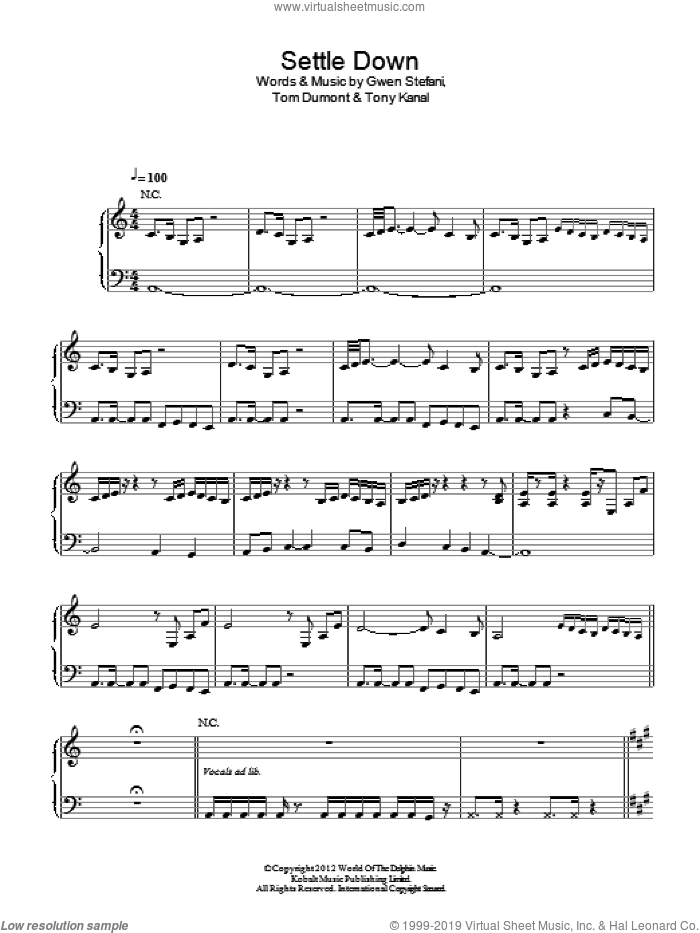 Settle Down sheet music for voice, piano or guitar by No Doubt, Gwen Stefani, Tom Dumont and Tony Kanal, intermediate skill level