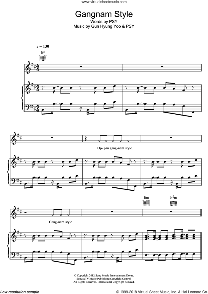 Gangnam Style sheet music for voice, piano or guitar by PSY and Gun Hyung Yoo, intermediate skill level
