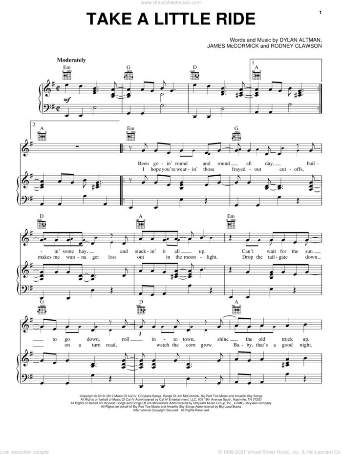 Take A Little Ride sheet music for voice, piano or guitar by Jason Aldean, Dylan Altman, James McCormick and Rodney Clawson, intermediate skill level