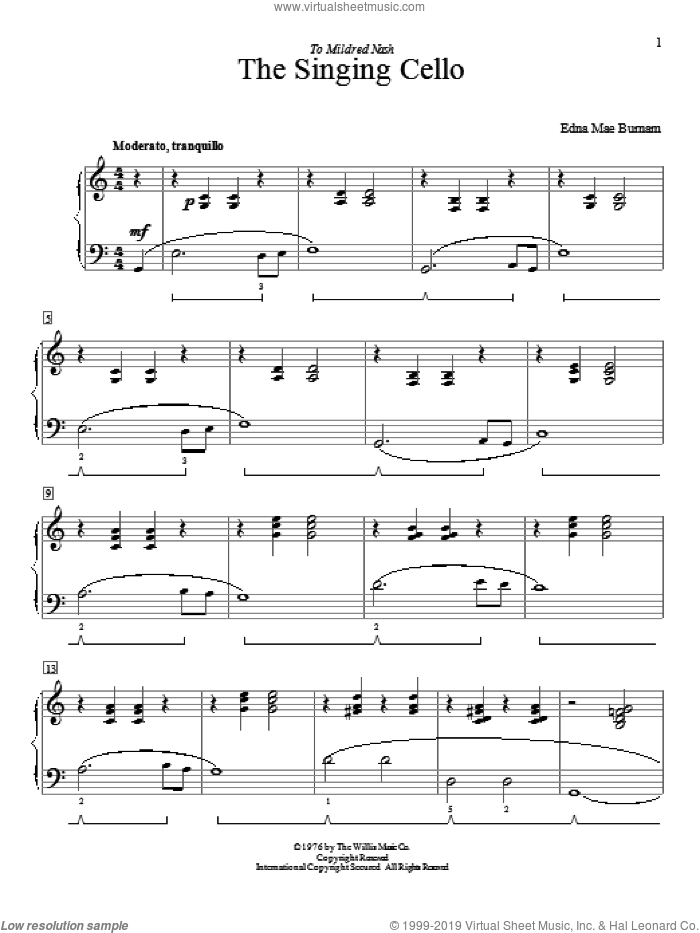 The Singing Cello sheet music for piano solo (elementary) by Edna Mae Burnam, beginner piano (elementary)