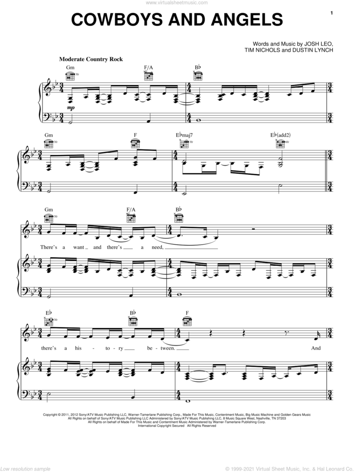 Cowboys And Angels sheet music for voice, piano or guitar by Dustin Lynch, Josh Leo and Tim Nichols, intermediate skill level