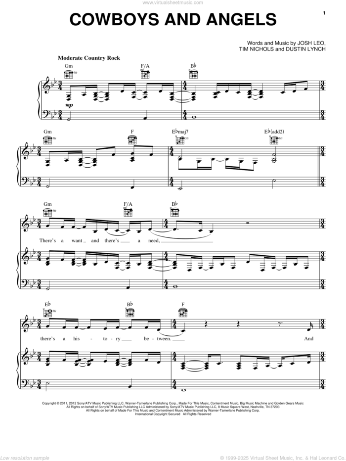 Cowboys And Angels sheet music for voice, piano or guitar by Dustin Lynch, Josh Leo and Tim Nichols, intermediate skill level