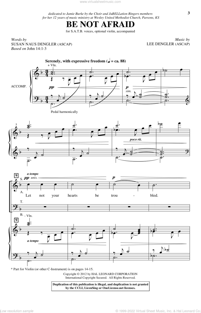 Be Not Afraid sheet music for choir (SATB: soprano, alto, tenor, bass) by Lee Dengler and Susan Naus Dengler, intermediate skill level
