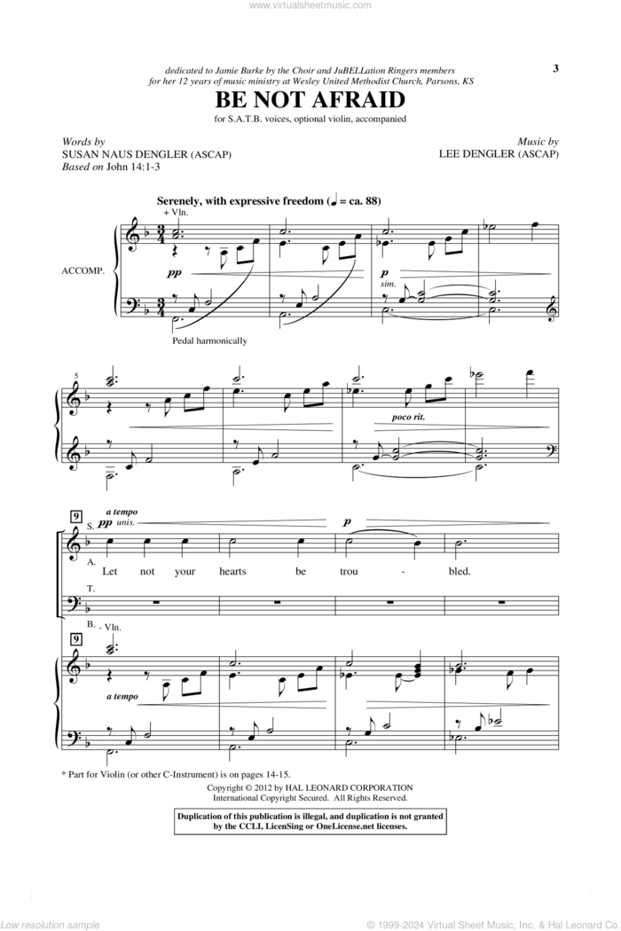 Be Not Afraid sheet music for choir (SATB: soprano, alto, tenor, bass) by Lee Dengler and Susan Naus Dengler, intermediate skill level