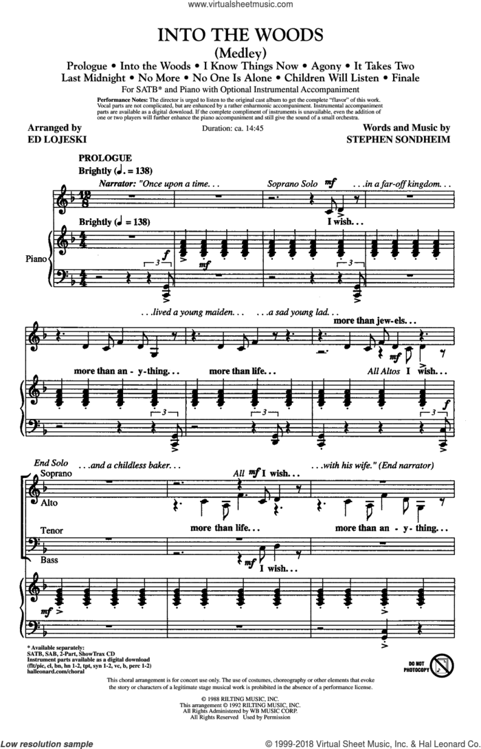 Into The Woods (Medley) sheet music for choir (SATB: soprano, alto, tenor, bass) by Stephen Sondheim and Ed Lojeski, intermediate skill level