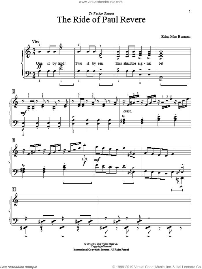 The Ride Of Paul Revere sheet music for piano solo (elementary) by Edna Mae Burnam, beginner piano (elementary)