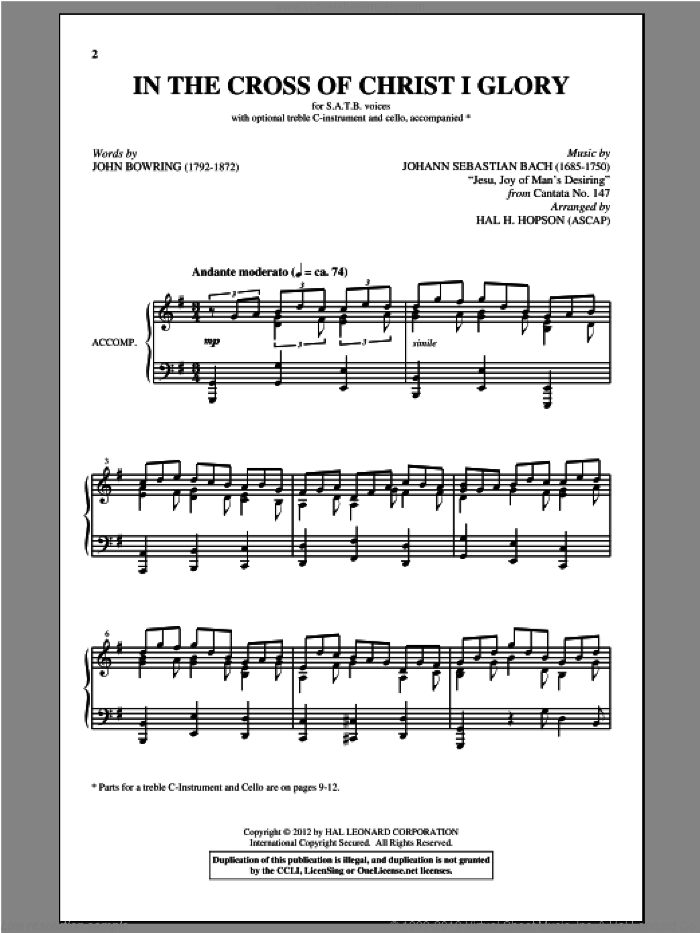 In The Cross Of Christ I Glory sheet music for choir (SATB: soprano, alto, tenor, bass) by Johann Sebastian Bach, Hal Hopson and John Bowring, intermediate skill level