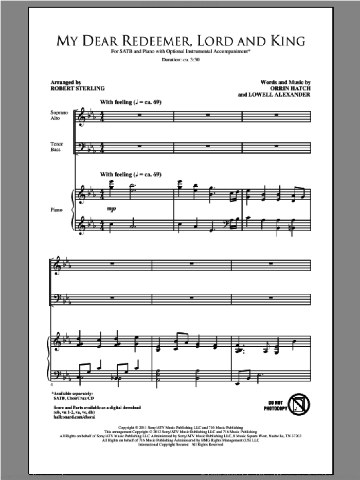 My Dear Redeemer, Lord And King sheet music for choir (SATB: soprano, alto, tenor, bass) by Lowell Alexander, Orrin Hatch and Robert Sterling, intermediate skill level