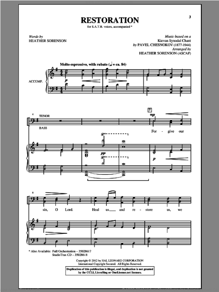 Restoration sheet music for choir (SATB: soprano, alto, tenor, bass) by Pavel Chesnokov and Heather Sorenson, intermediate skill level