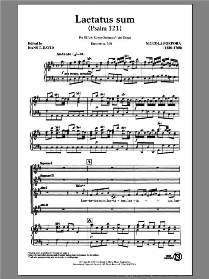 Laetatus Sum (Psalm 121) sheet music for choir (SSA: soprano, alto) by Nicola Porpora and Hans T. David, intermediate skill level