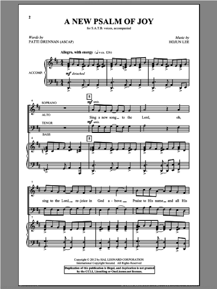 A New Psalm Of Joy sheet music for choir (SATB: soprano, alto, tenor, bass) by Hojun Lee and Patti Drennan, intermediate skill level