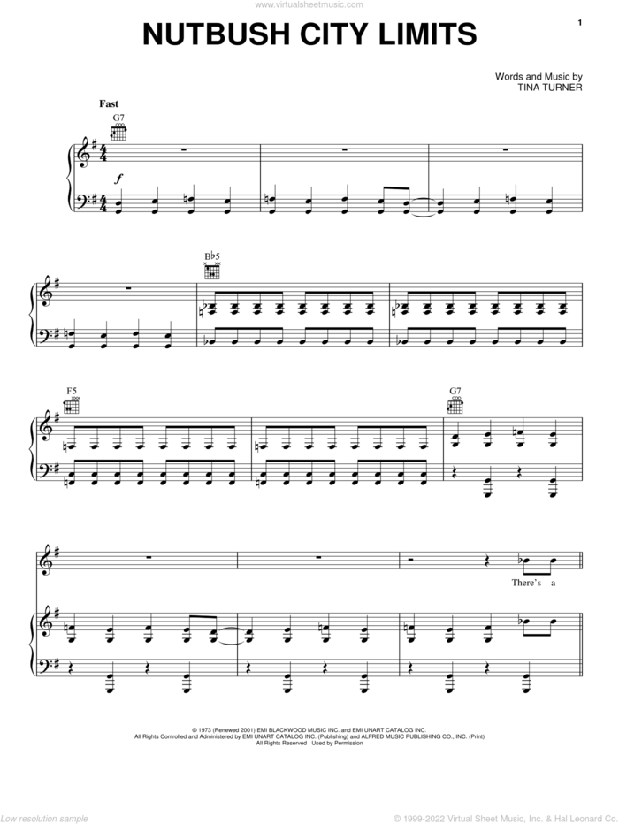 Nutbush City Limits sheet music for voice, piano or guitar by Bob Seger and Tina Turner, intermediate skill level