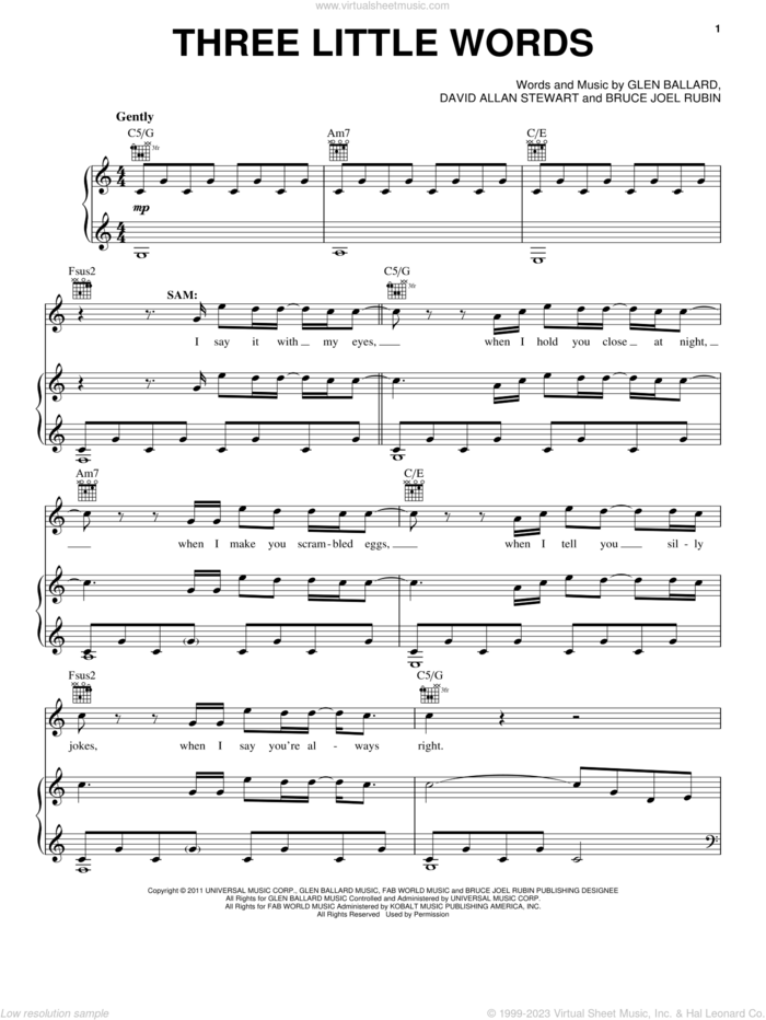 Three Little Words sheet music for voice, piano or guitar by Glen Ballard, Bruce Joel Rubin, Dave Stewart and Ghost (Musical), intermediate skill level