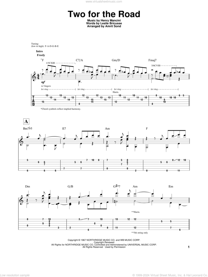 Two For The Road sheet music for guitar solo by Henry Mancini and Leslie Bricusse, intermediate skill level