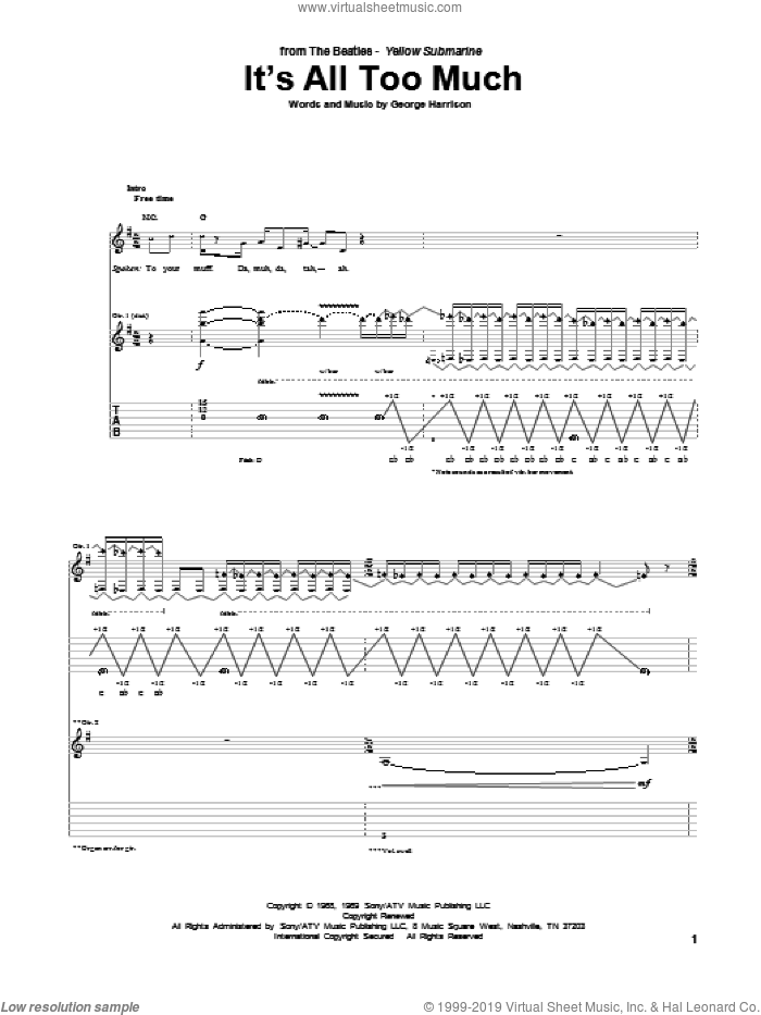 It's All Too Much sheet music for guitar (tablature) by The Beatles and George Harrison, intermediate skill level