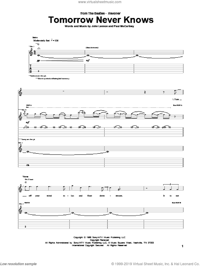 Tomorrow Never Knows sheet music for guitar (tablature) by The Beatles, John Lennon and Paul McCartney, intermediate skill level