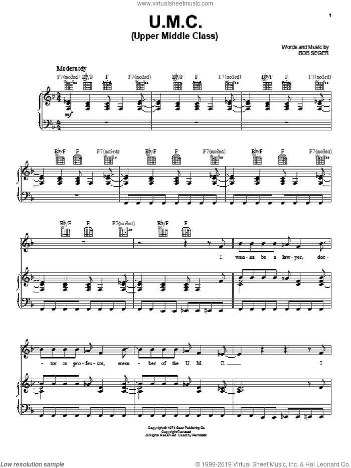 U.M.C. (Upper Middle Class) sheet music for voice, piano or guitar by Bob Seger, intermediate skill level