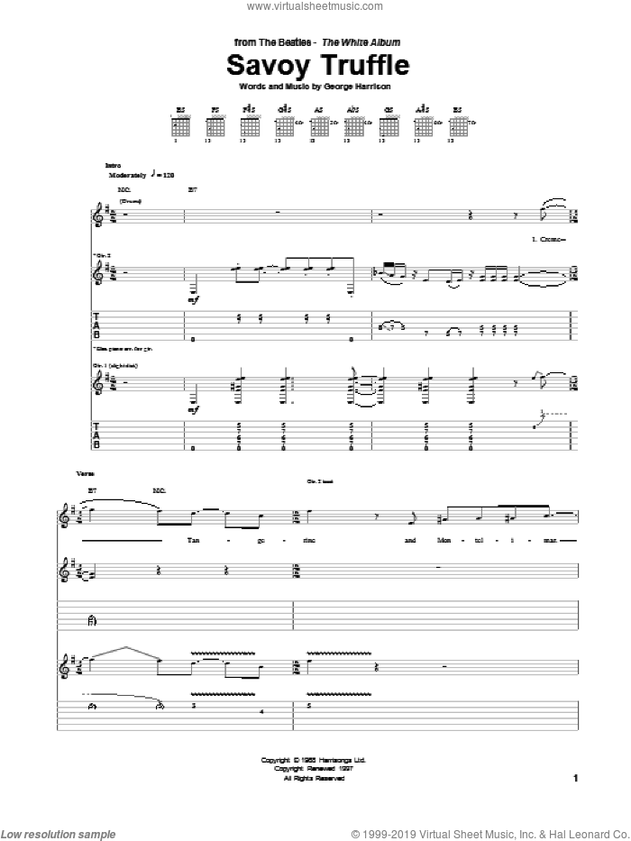 Savoy Truffle sheet music for guitar (tablature) by The Beatles and George Harrison, intermediate skill level