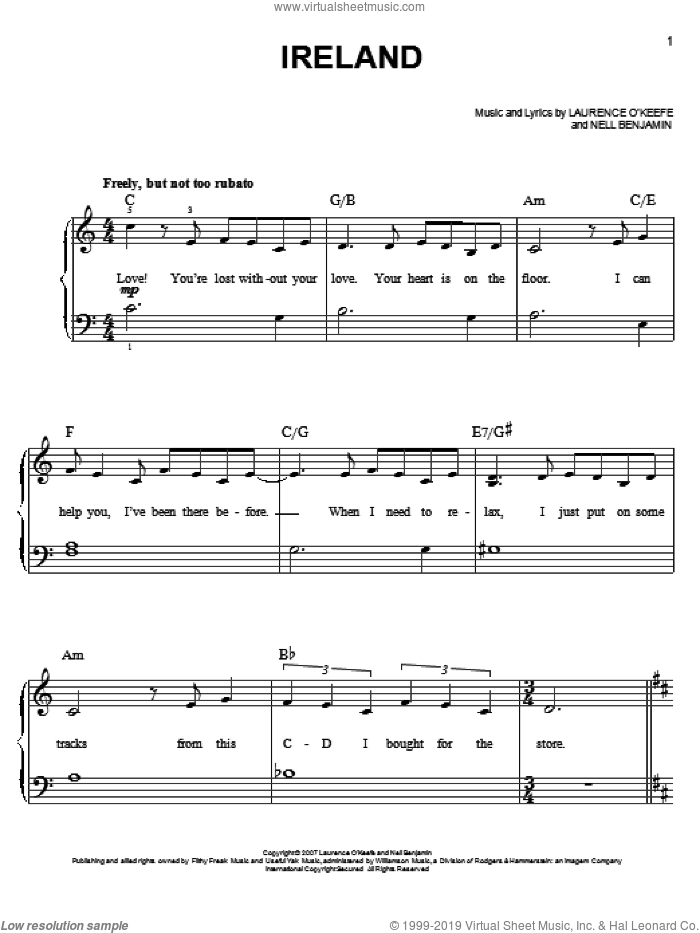 Ireland sheet music for piano solo by Nell Benjamin and Legally Blonde (Musical), easy skill level