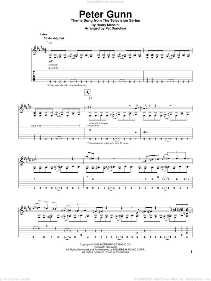 Peter Gunn sheet music for guitar solo by Henry Mancini, intermediate skill level