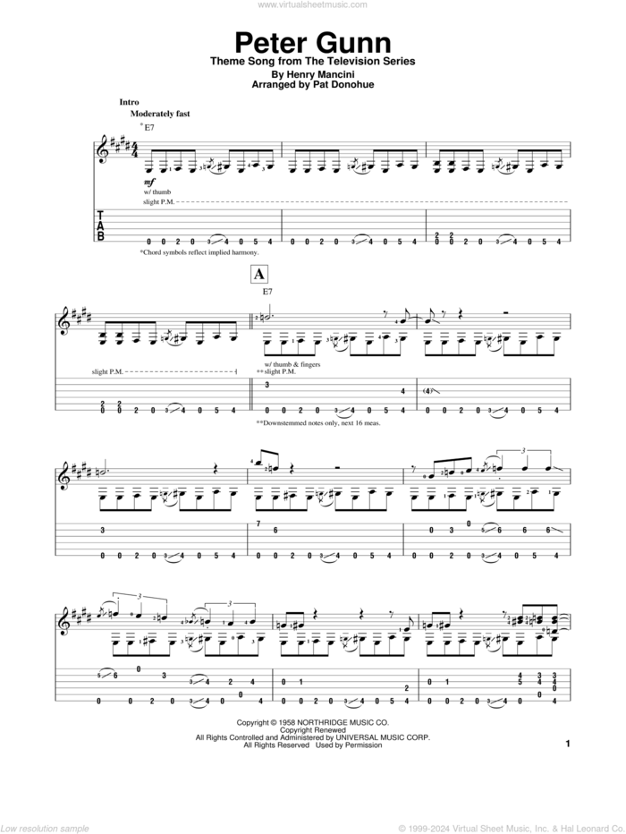 Peter Gunn sheet music for guitar solo by Henry Mancini, intermediate skill level