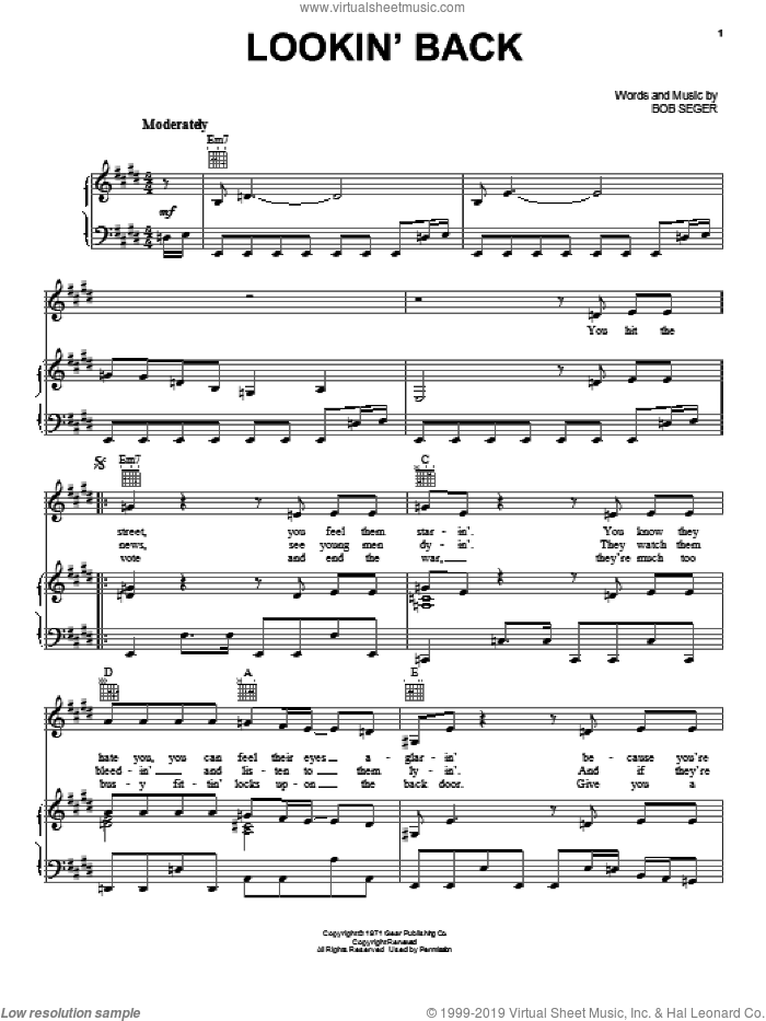 Lookin' Back sheet music for voice, piano or guitar by Bob Seger, intermediate skill level