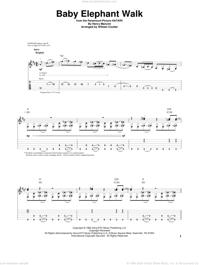 Baby Elephant Walk sheet music for guitar solo by Henry Mancini, Hal David, Lawrence Welk and Miniature Men, intermediate skill level