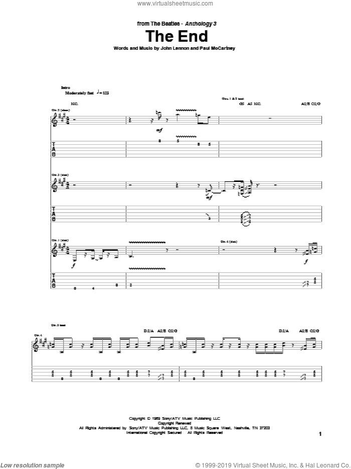 The End sheet music for guitar (tablature) by The Beatles, John Lennon and Paul McCartney, intermediate skill level