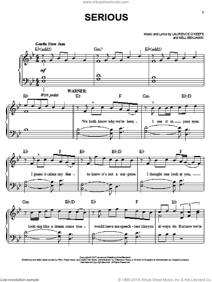 Serious sheet music for piano solo by Nell Benjamin and Legally Blonde (Musical), easy skill level