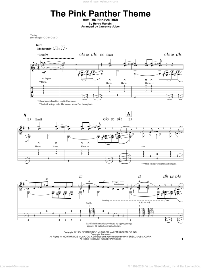 The Pink Panther sheet music for guitar solo by Henry Mancini, intermediate skill level