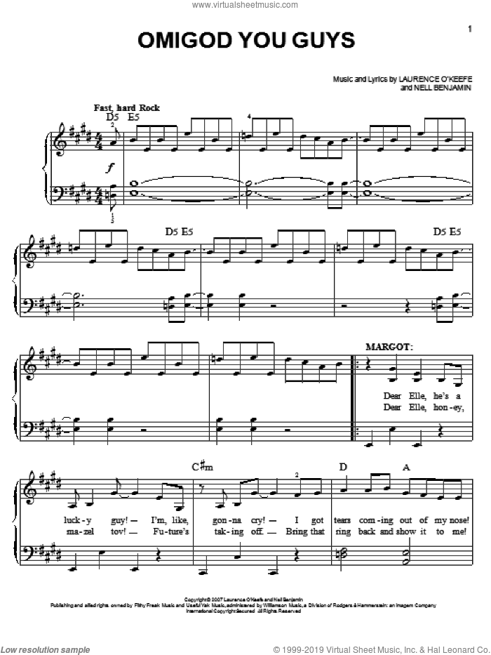 Omigod You Guys sheet music for piano solo by Nell Benjamin and Legally Blonde (Musical), easy skill level