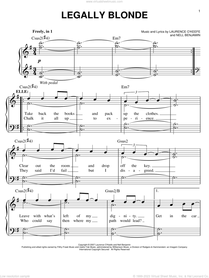 Legally Blonde sheet music for piano solo by Nell Benjamin and Legally Blonde (Musical), easy skill level