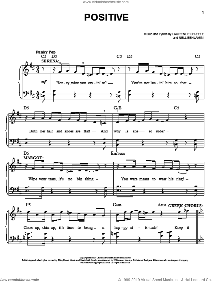 Positive sheet music for piano solo by Nell Benjamin and Legally Blonde (Musical), easy skill level