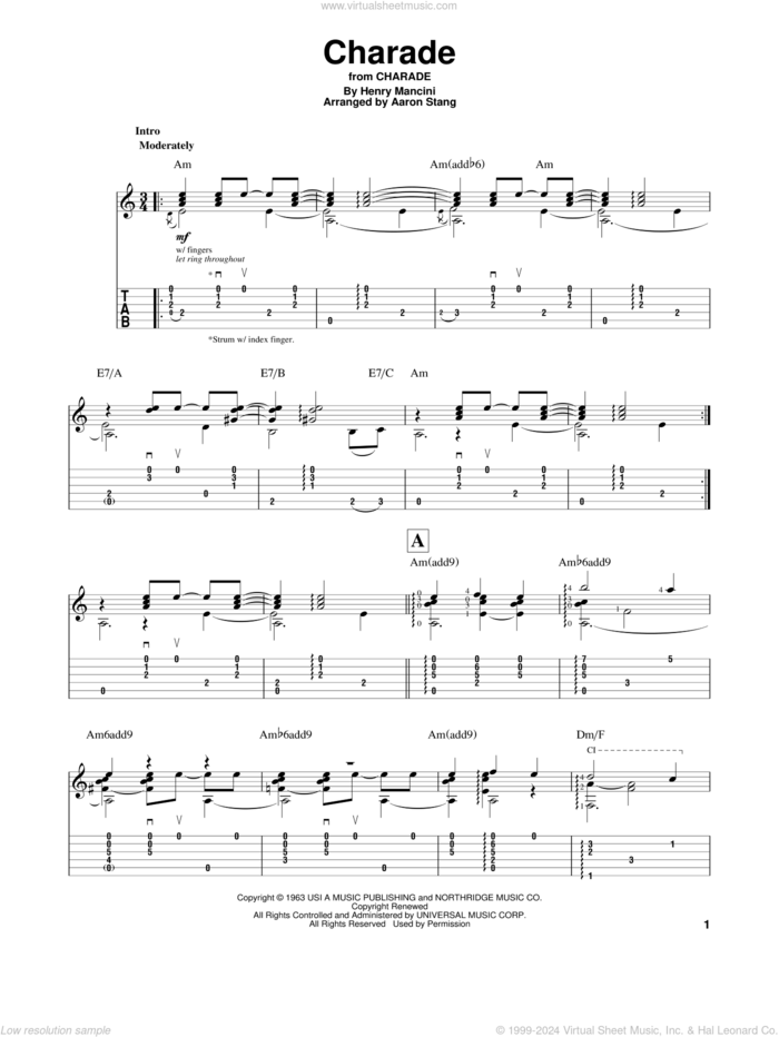 Charade sheet music for guitar solo by Henry Mancini, intermediate skill level